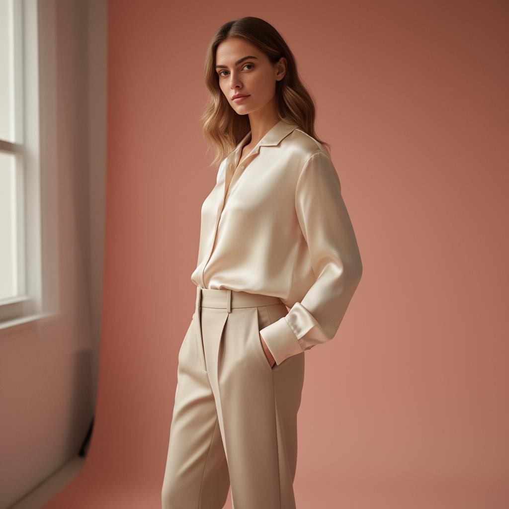 Model wearing a cream silk blouse and tailored trousers